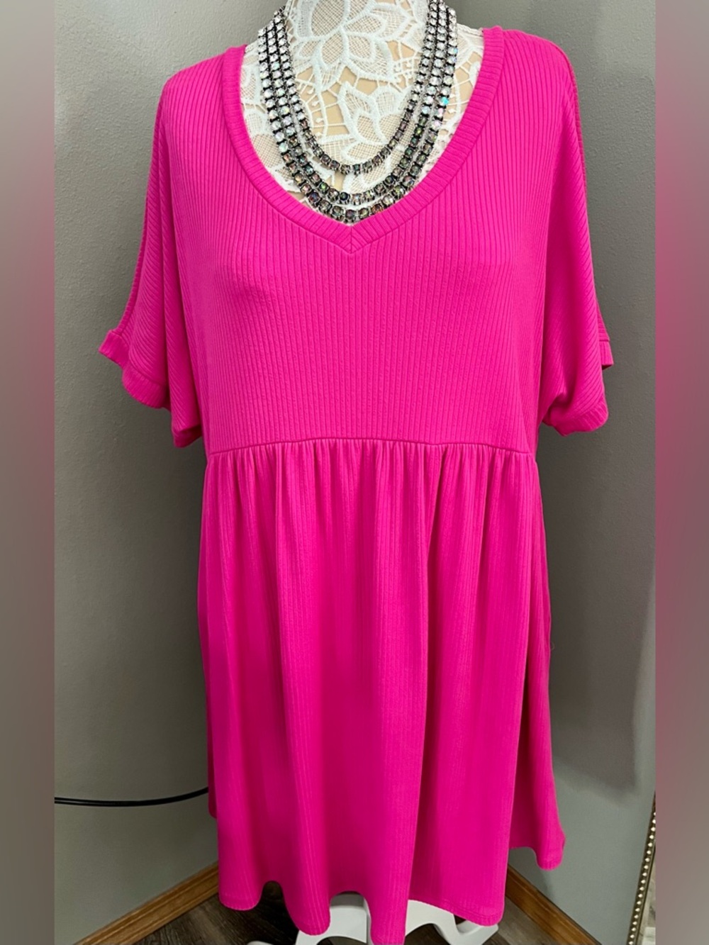 Honeyme Hot Pink V-Neck Ribbed Babydoll Dress - XL